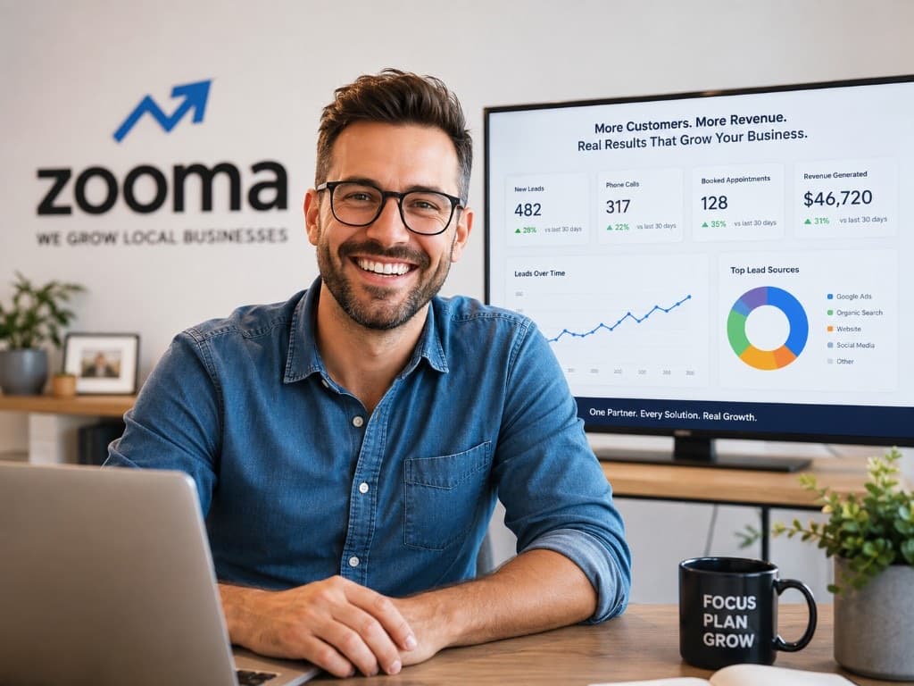 Zooma operator at a desk with a growth dashboard showing more customers and revenue